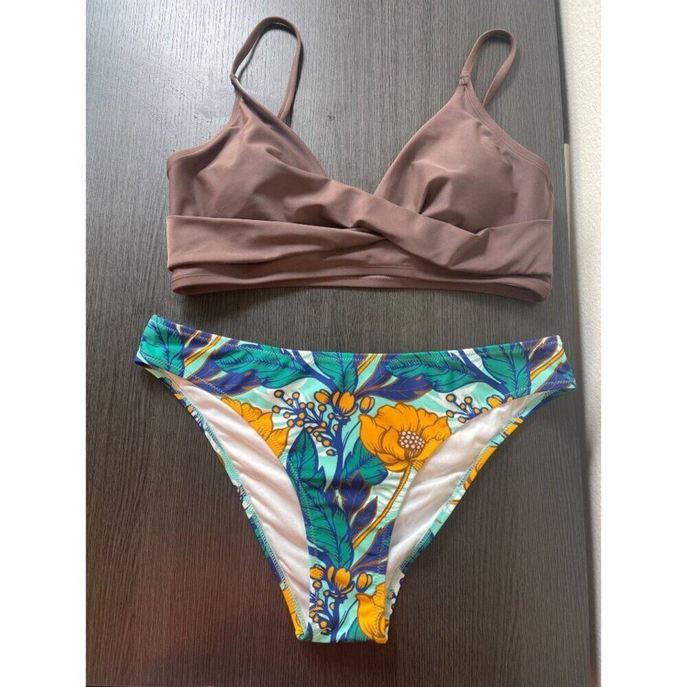 CUPSHE Women 2 Piece Swimsuit L Brown Floral Twist Front Tropical Bikini NWOT